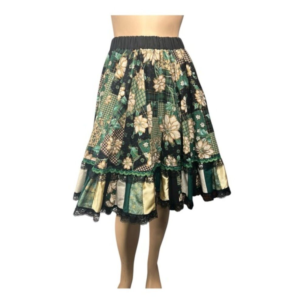 Handmade Holiday Patchwork Skirt – Painted Poinsettias, Lace Hem & Pocket